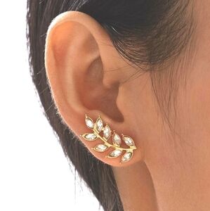 Gold Rhinestone stud Earrings clear Leaf Dainty small  ear climbers new 💖 2/$30